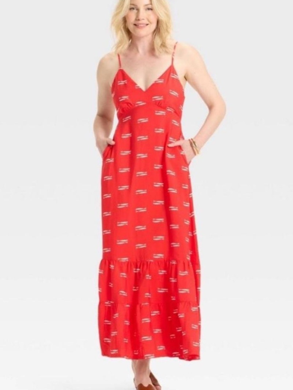 a new day Red fish Printed V-Neck Maxi Dress with Ruffle Hem and Pockets!